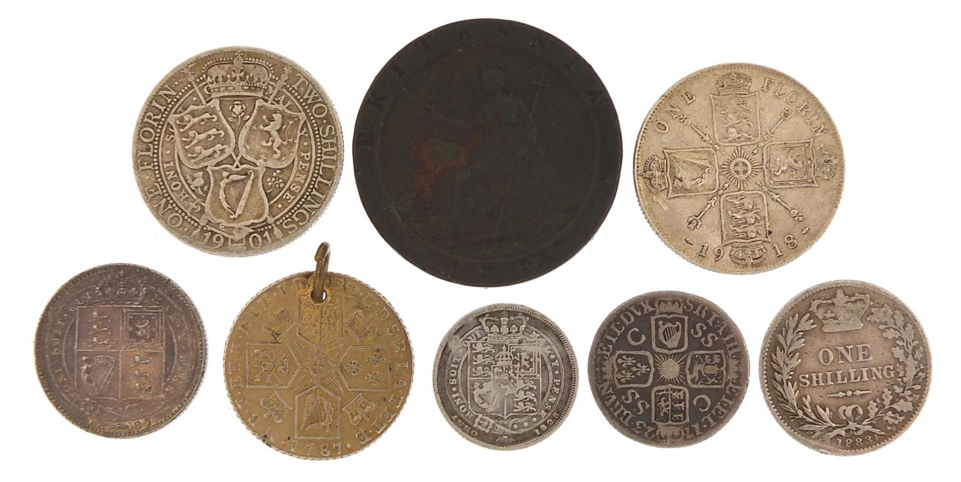 George III and later silver and copper coinage including 1787 shilling and 1723 sixpence, 73.g