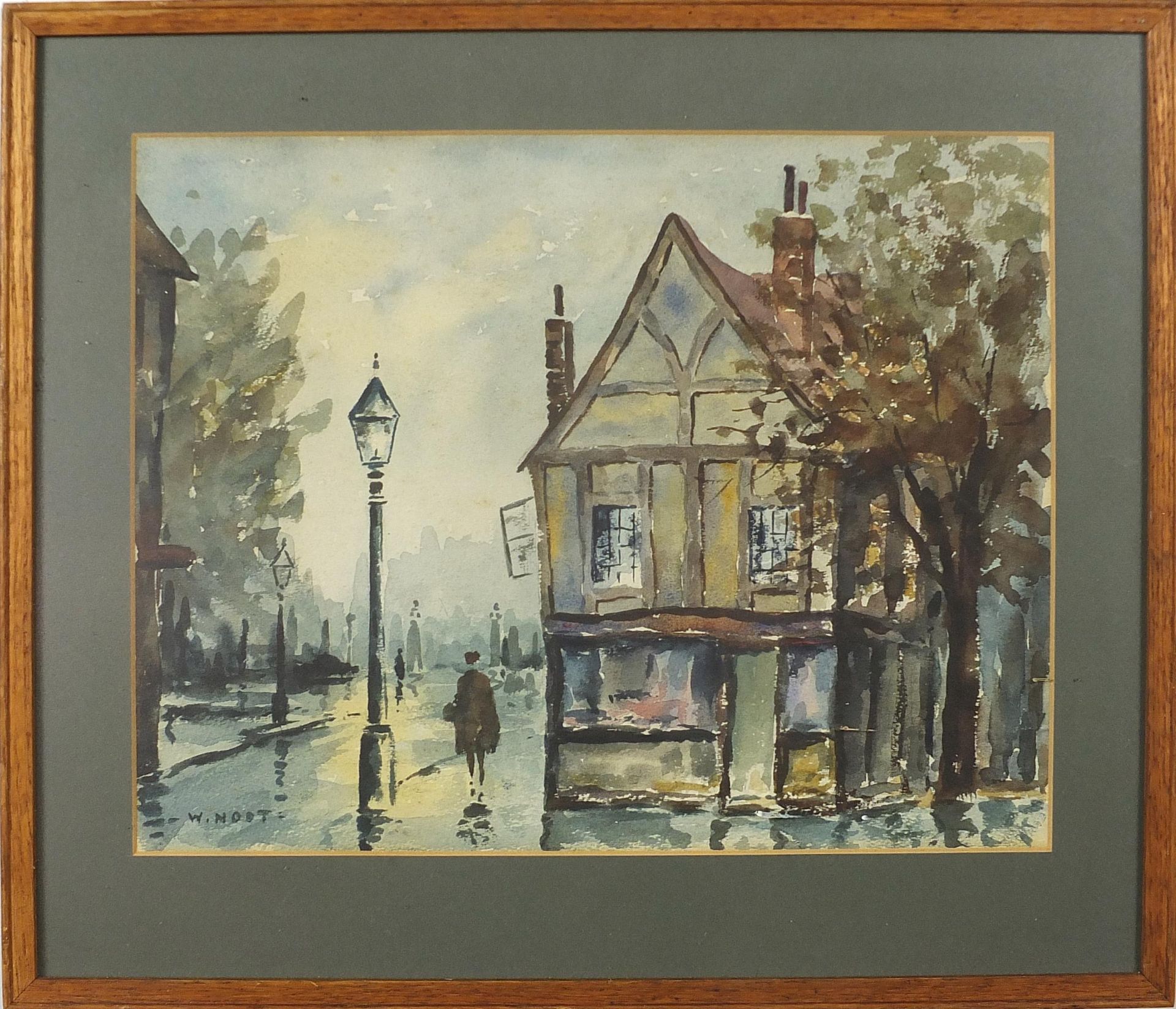 W Noot - The Old Curiosity Shop and Street scene with figures, pair of watercolours, mounted, framed - Bild 7 aus 9