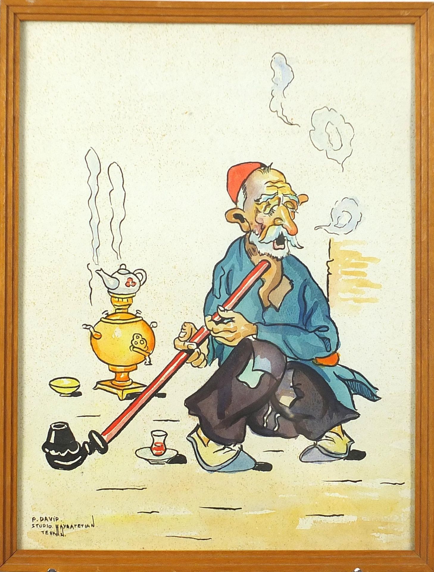 P David - Figure with a donkey and figure smoking, pair of Iranian watercolours each inscribed - Bild 7 aus 9
