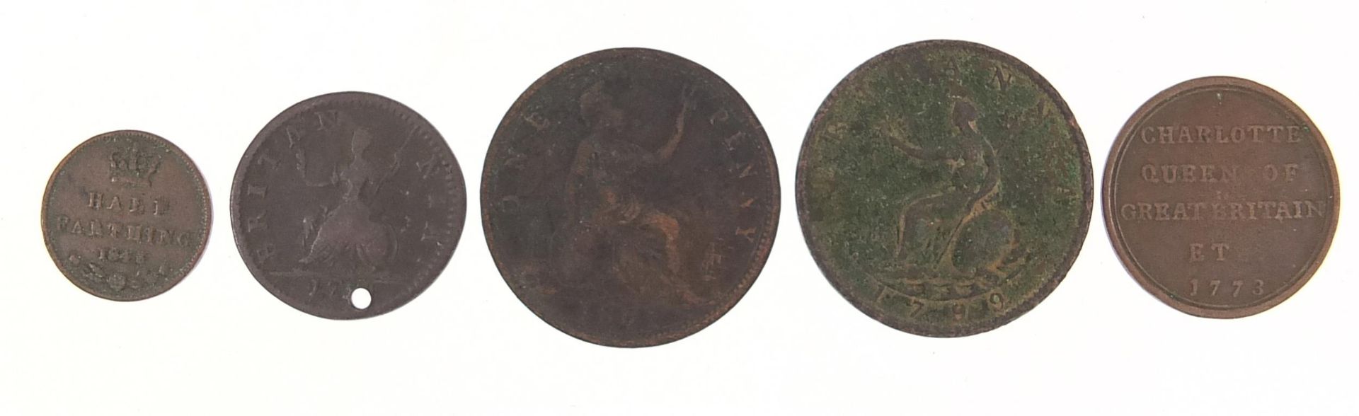 George III and later British coinage including 1843 half farthing and 1773 Queen Charlotte token