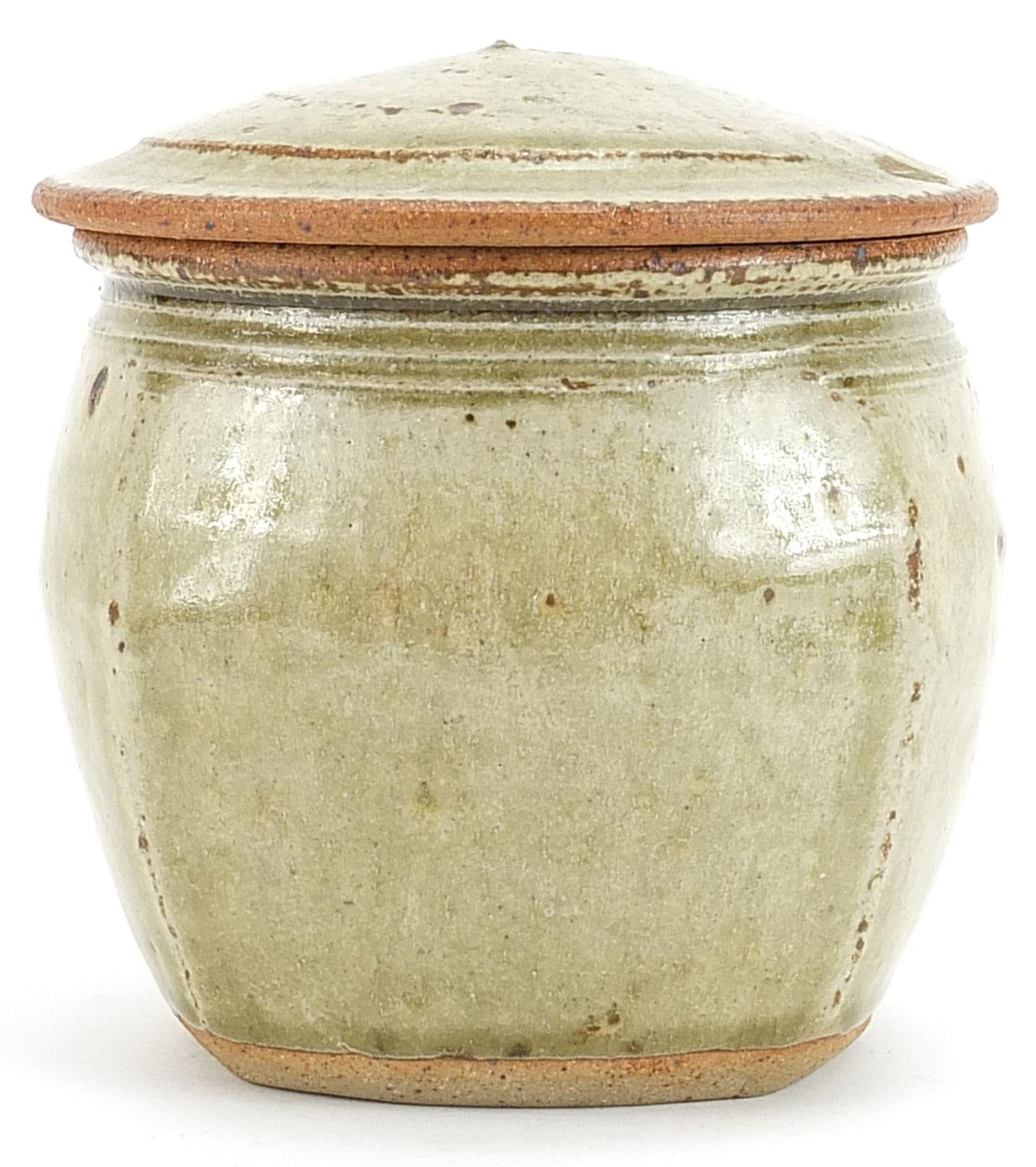 Attributed to Richard Batterham, studio pottery jar and cover having a celadon glaze, 13cm high