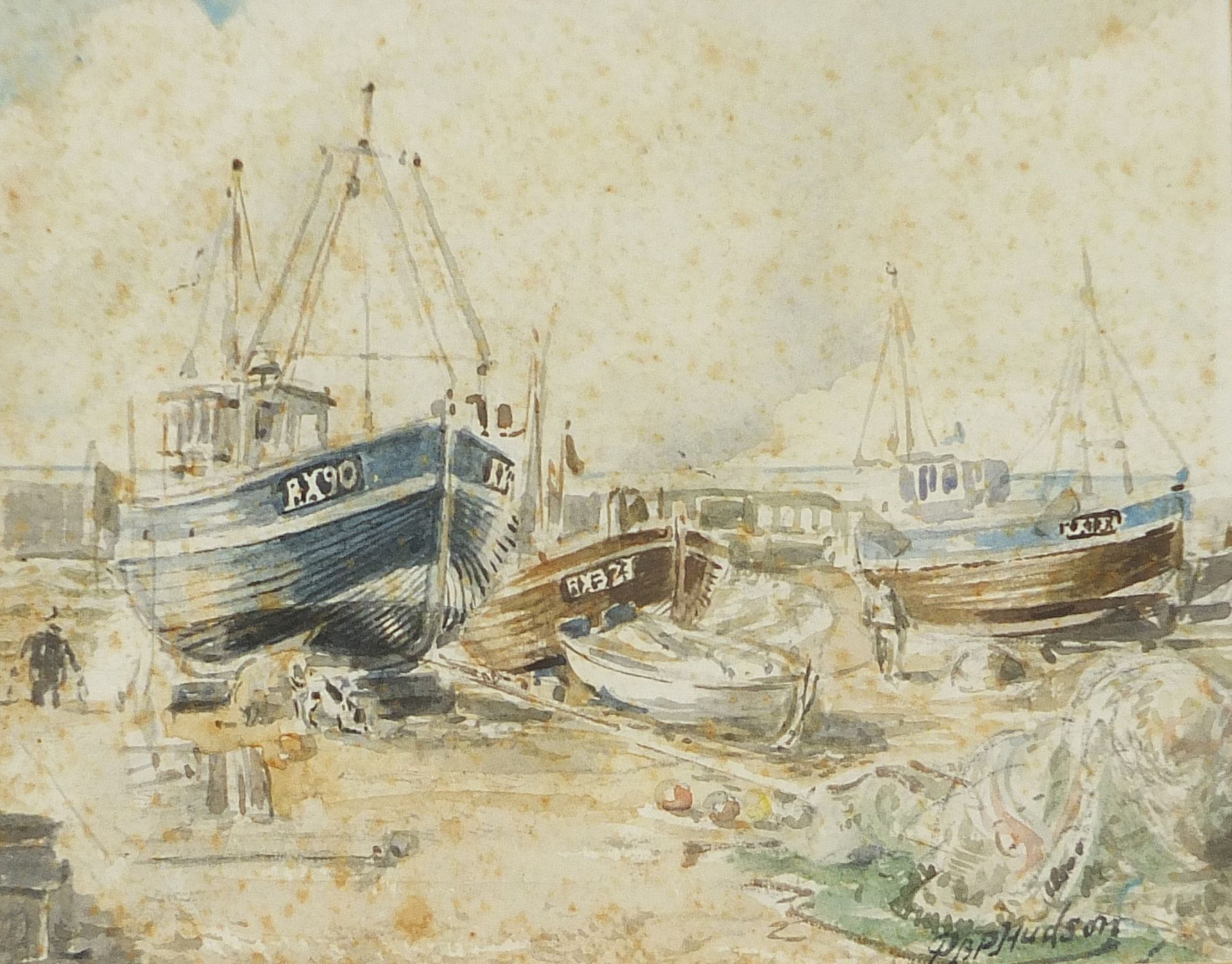 Moored fishing boats, Hastings, watercolour, indistinctly signed, possibly P.. Hudson?, mounted,