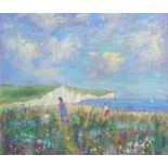 Manner of Paul Maze - Coastal scene with figures before cliffs, Impressionist oil on board,