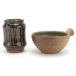 David Leach for Lowerdown, studio pottery comprising handled bowl and vase, impressed marks to the