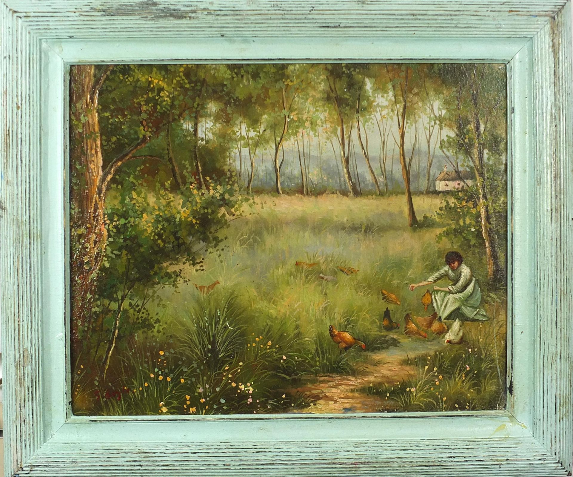 After George Boyle - Female feeding chickens before trees, oil on board, mounted and framed, 50cm - Bild 2 aus 4