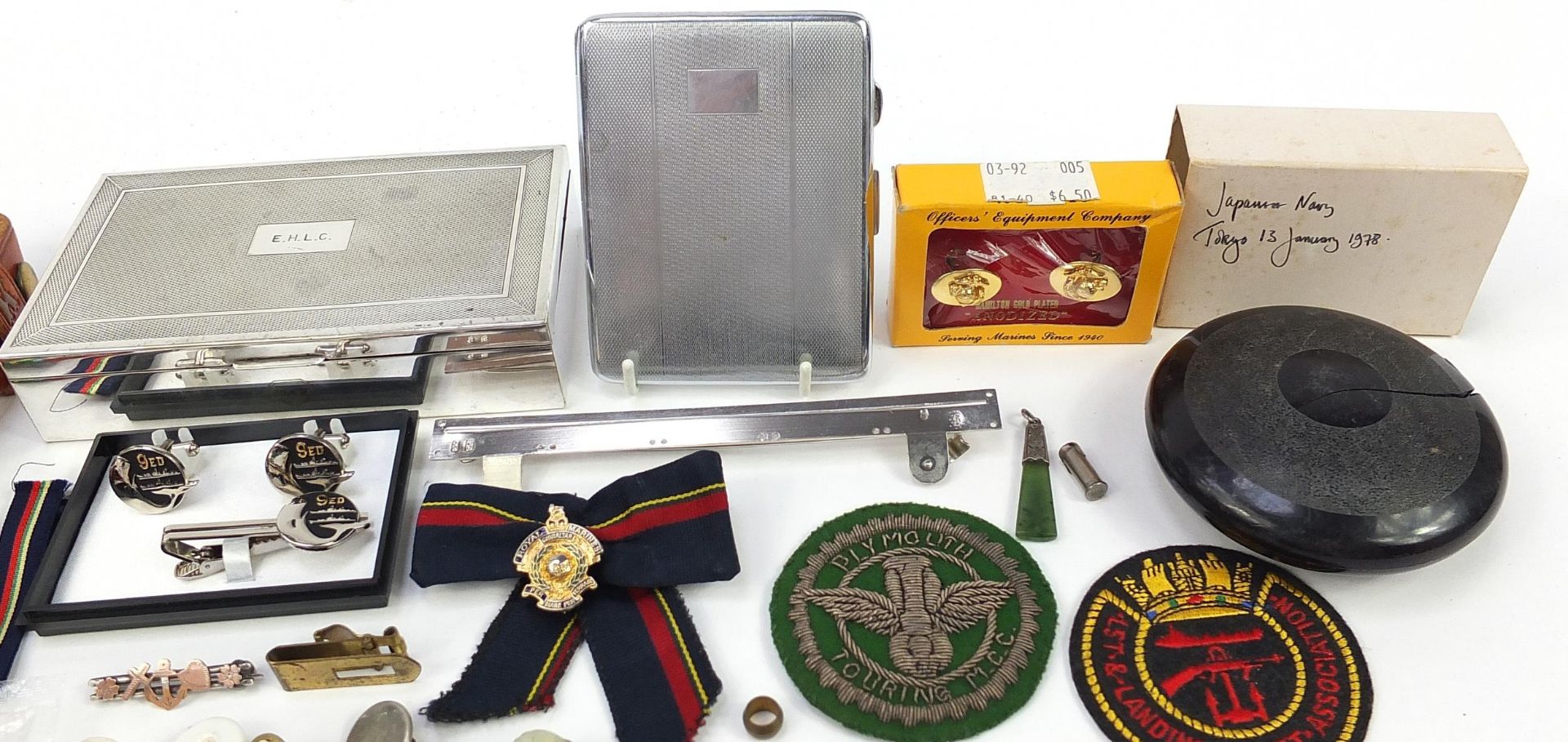 Sundry items, some militaria, including silver cufflinks, silver plated cigarette box and leather - Image 3 of 7