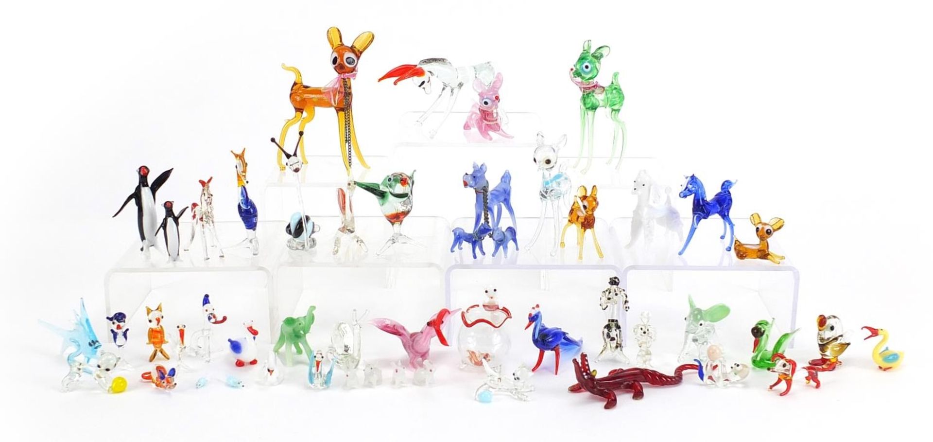 Collection of Murano style colourful glass animals, the largest 11cm in length