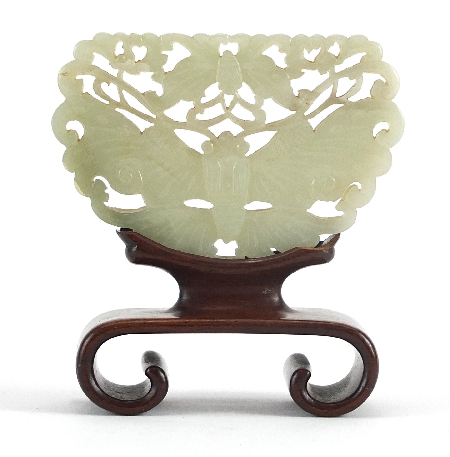 Chinese celadon and russet jade panel carved with two butterflies raised on carved hardwood stand, - Image 2 of 8