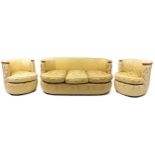 Art Deco birds eye maple three piece suite with gold floral upholstery, the settee 165cm in length
