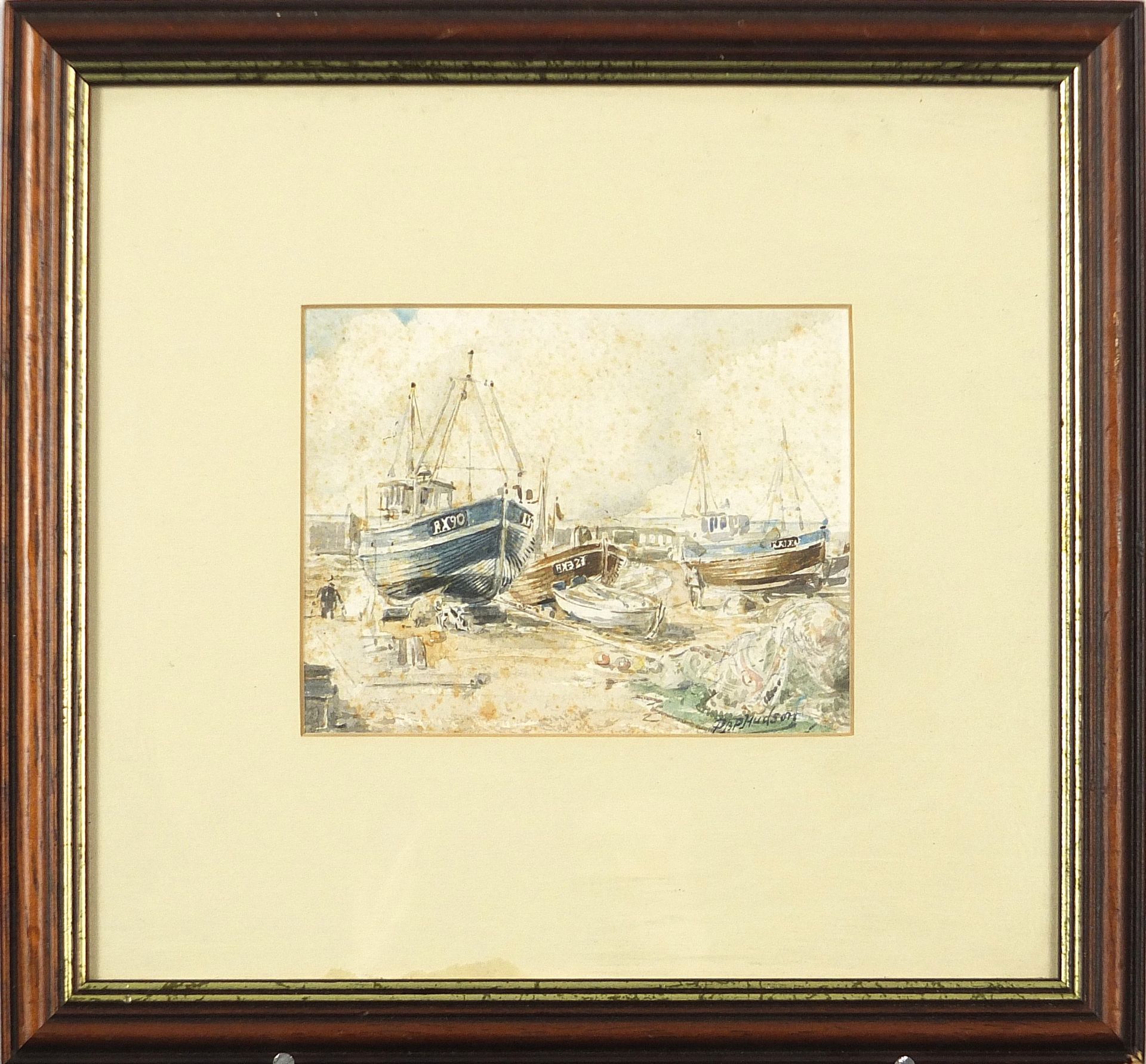 Moored fishing boats, Hastings, watercolour, indistinctly signed, possibly P.. Hudson?, mounted, - Image 2 of 4