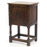 Carved Ipswich oak side cabinet with hinged top and drop down front, 75cm H x 46.5cm W x 36cm D