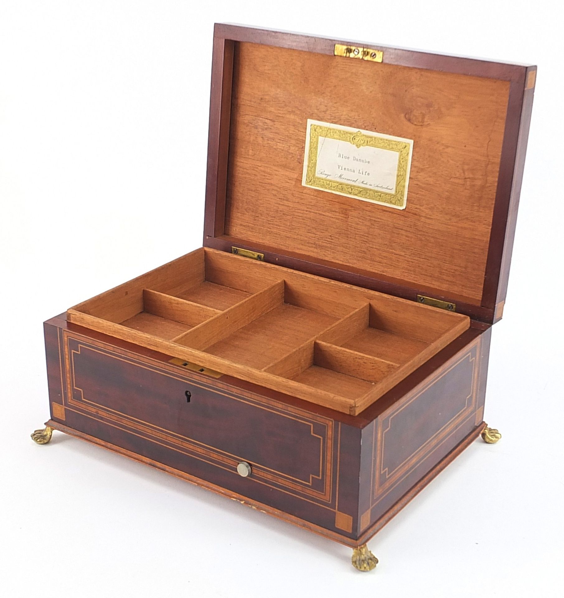 19th century inlaid mahogany musical jewellery box with lift out interior and Reuge movement, 11.5cm - Bild 3 aus 6