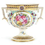 Dresden, German porcelain pedestal cup with twin handles hand painted and gilded with flowers, 11.