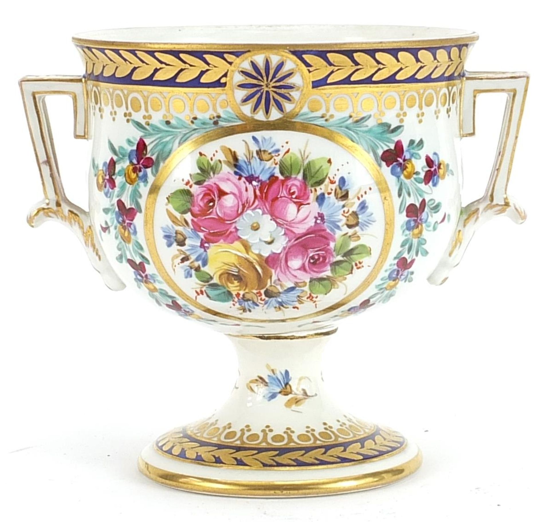 Dresden, German porcelain pedestal cup with twin handles hand painted and gilded with flowers, 11.