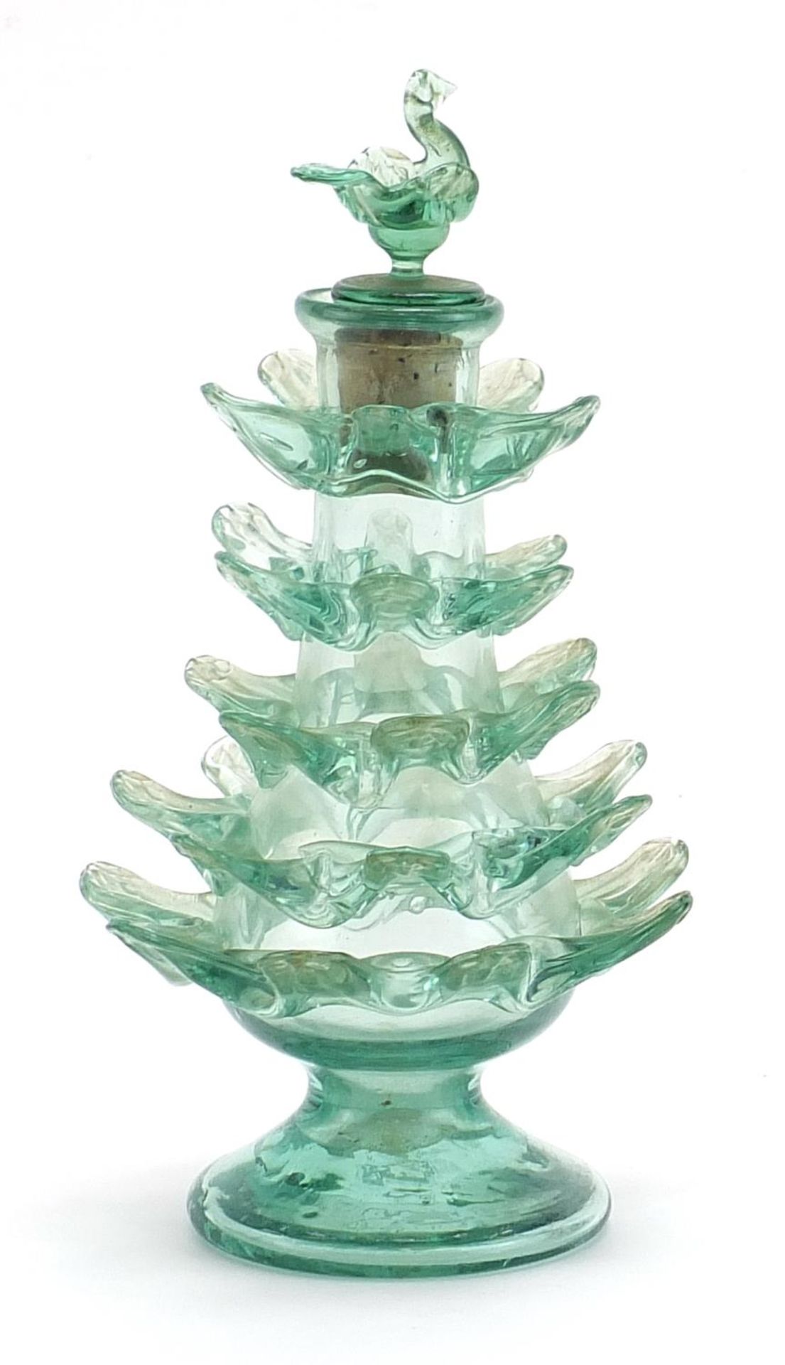 Bohemian or Islamic green glass scent bottle in the form of a Christmas tree with bird stopper, 17. - Bild 2 aus 3