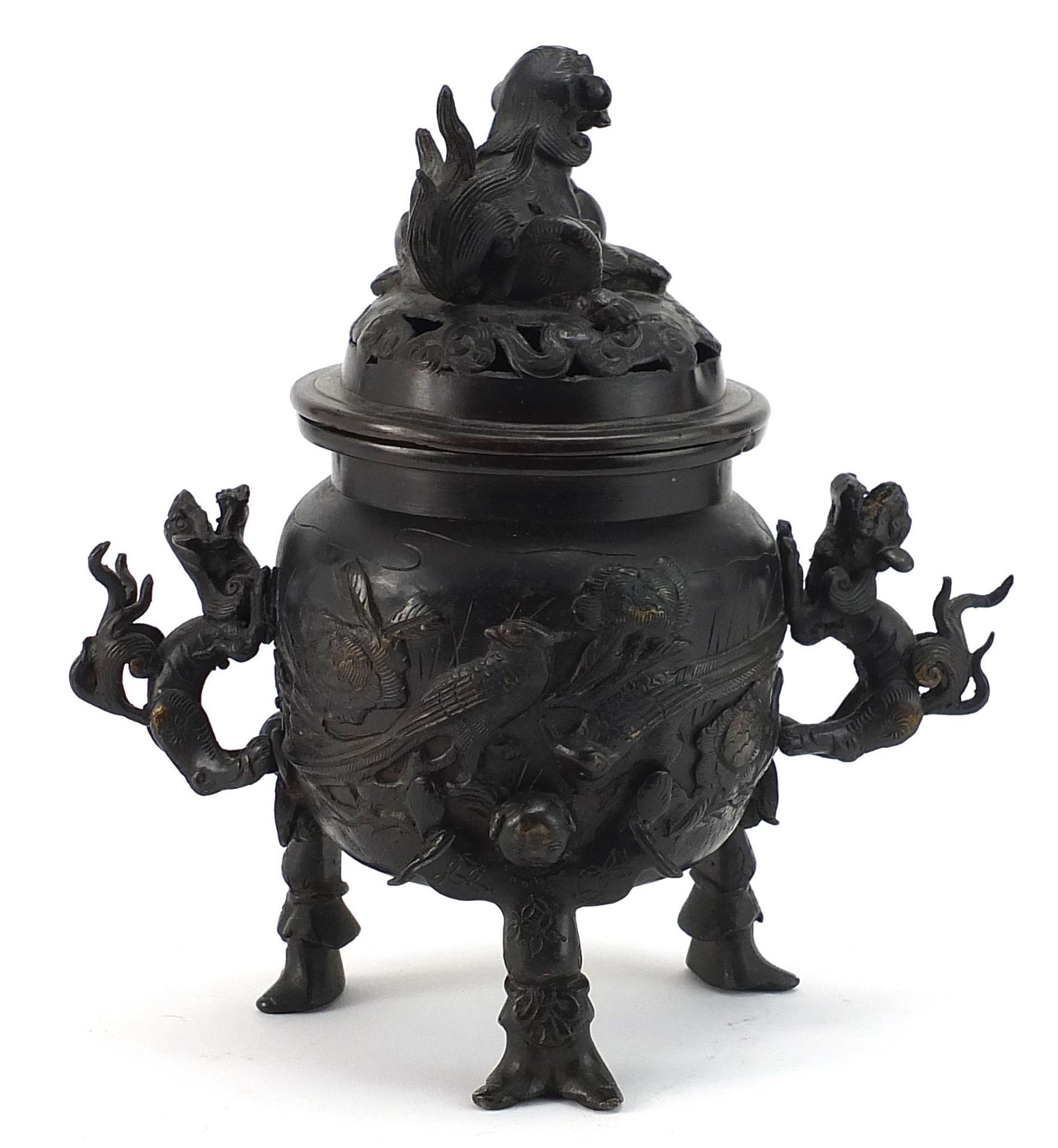 Japanese patinated bronze tripod incense burner with dragon handles and pierced lid, 21.5cm high - Image 2 of 3