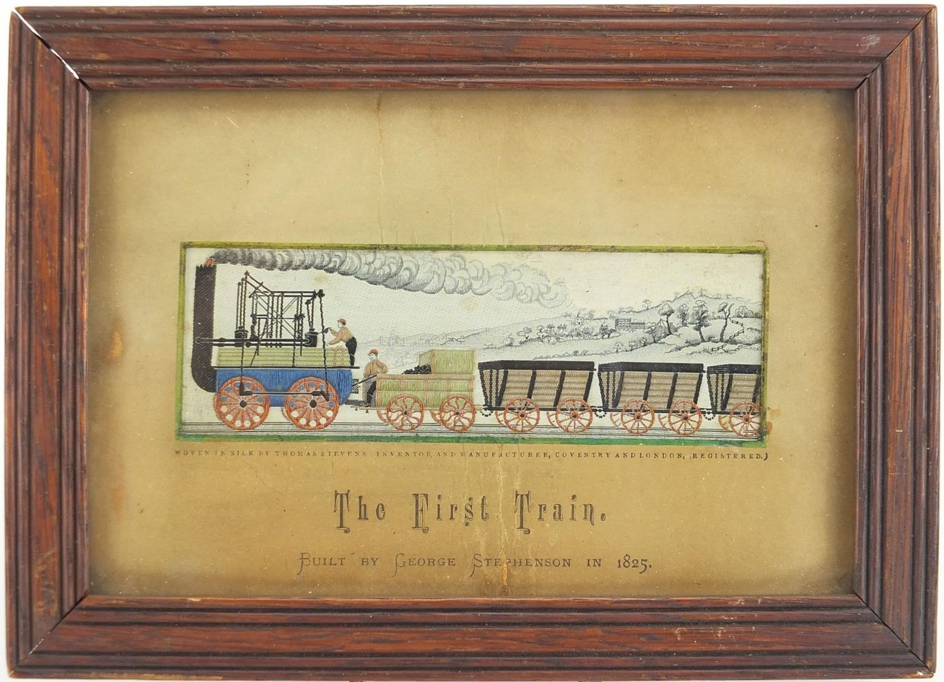 Victorian stephenograph titled The First Train, mounted, framed and glazed, 15cm x 5cm excluding the - Image 2 of 3