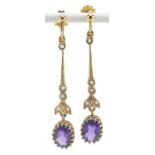 Pair of 9ct gold amethyst and seed pearl drop earrings with screw backs, 4.3cm high, 2.9g