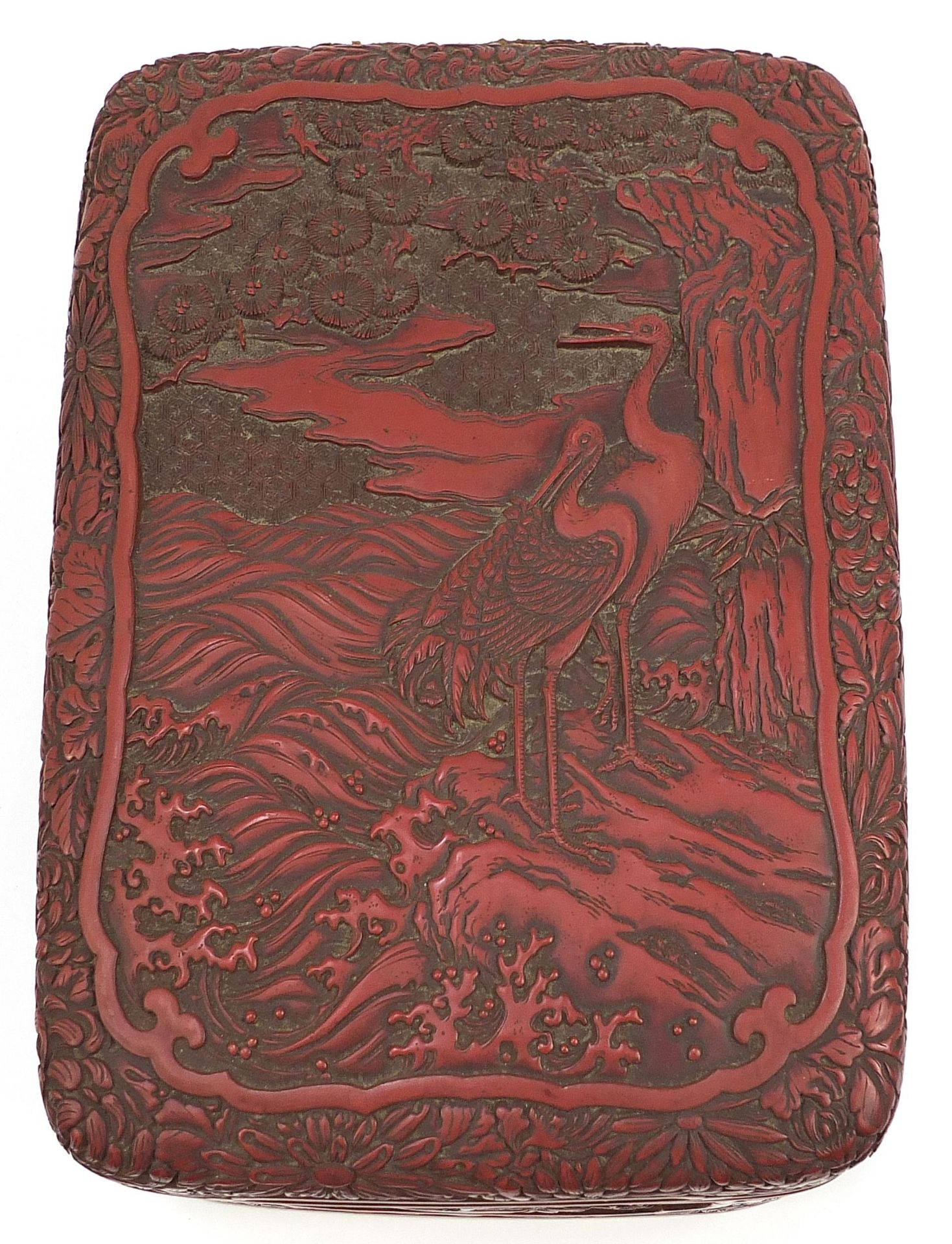 Large Chinese cinnabar lacquer box and cover carved with cranes in a landscape, 12cm H x 27.5cm W - Image 3 of 4