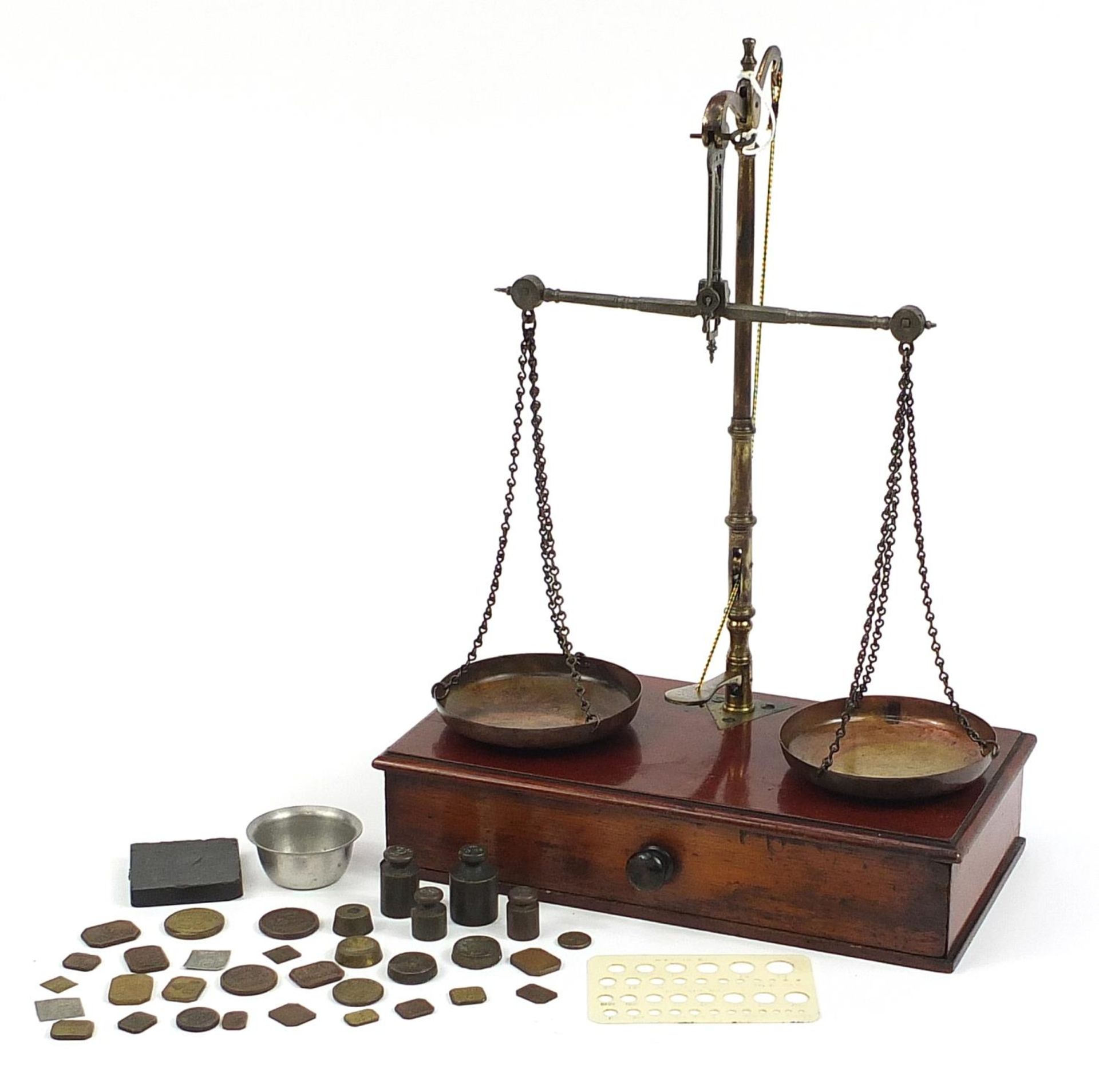 Set of Victorian mahogany and brass postage scales by Fanner & Co of London, 39.5cm high