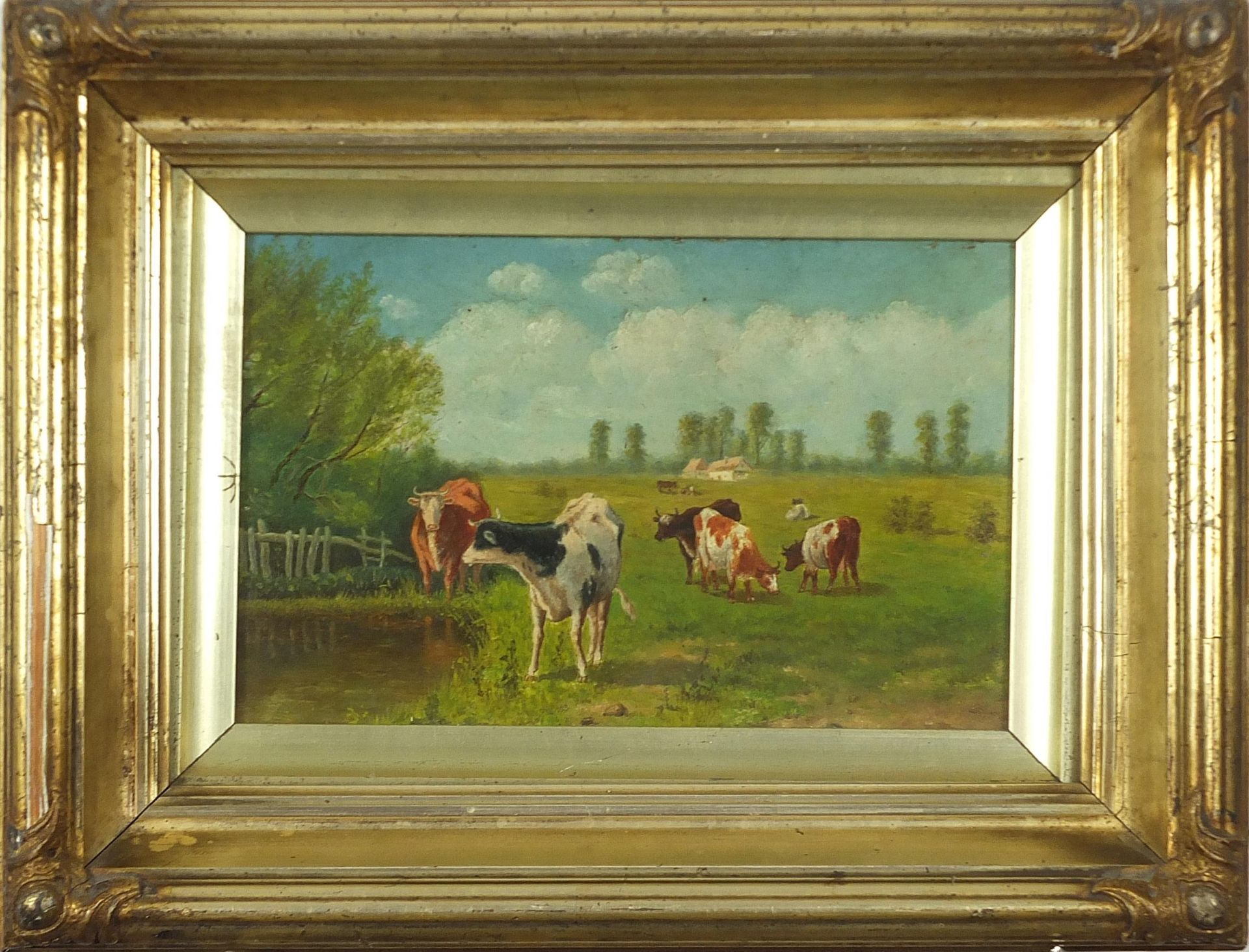 Cattle grazing before landscapes, pair of oil on boards, mounted, framed and glazed, each 22.5cm x - Image 3 of 6