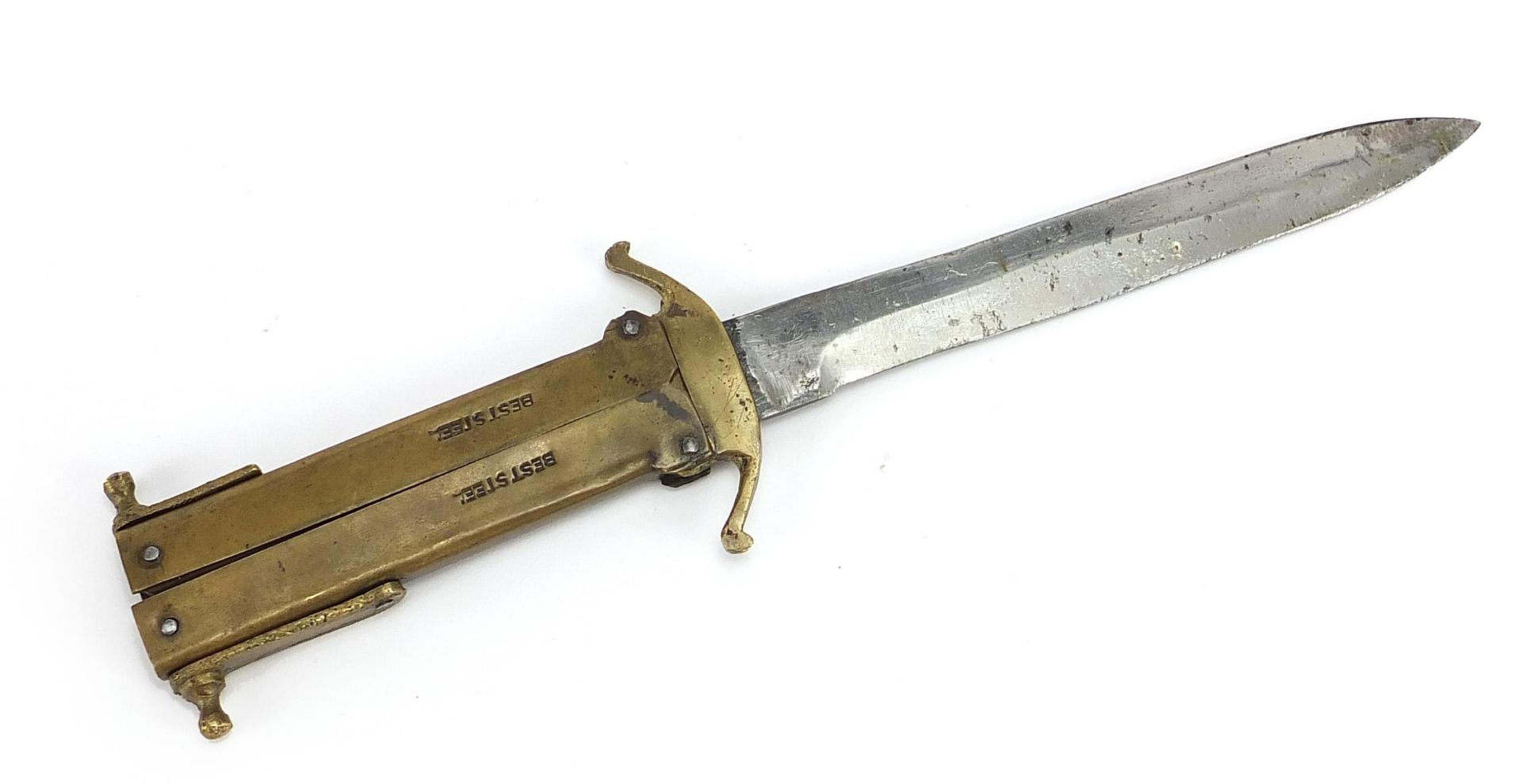 Military interest steel bladed folding knife with brass handle, 24.5cm in length when open