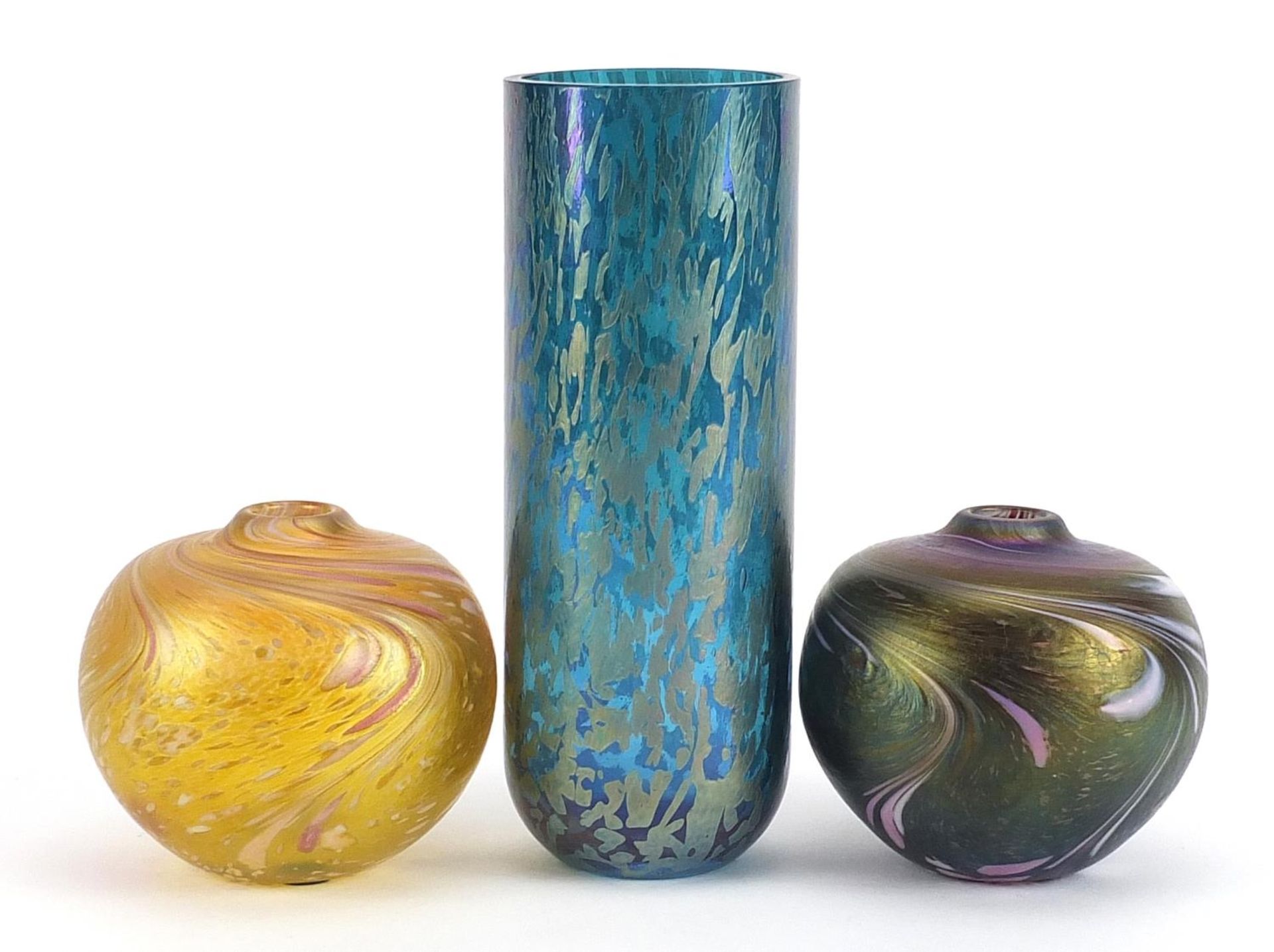Iridescent glassware including a cylindrical vase by Royal Brierley, the largest 18cm high