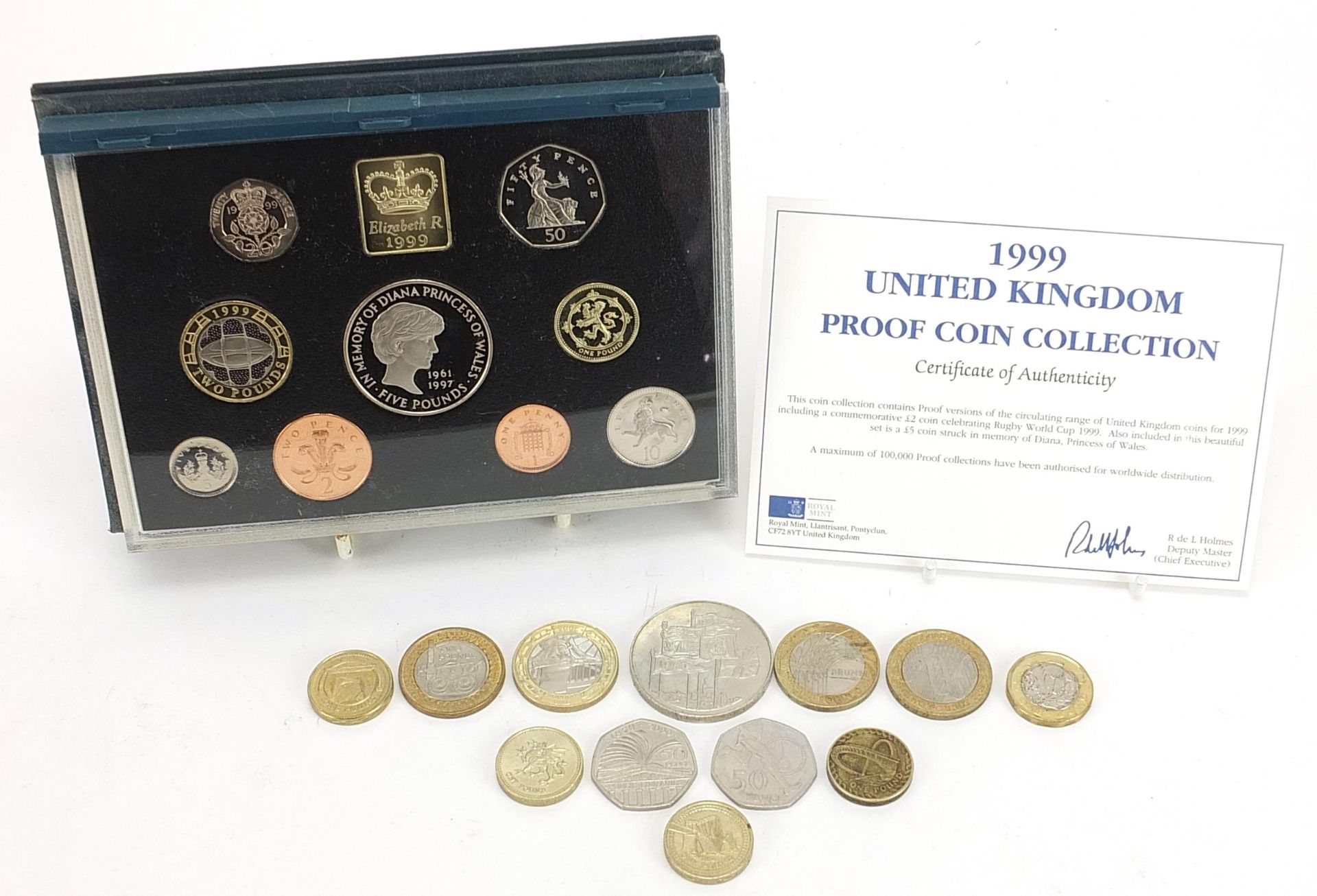 British coinage including Royal Mail 1999 proof coin collection, five pound coins and one pound
