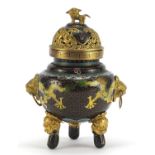 Chinese cloisonne tripod incense burner with pierced lid and ring turned handles enamelled with