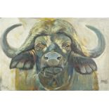 Clive Fredriksson - Portrait of a buffalo, oil on canvas, mounted and framed, 90cm x 60cm