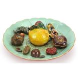 Chinese hand painted porcelain plate decorated in relief with fruit and nuts, impressed character
