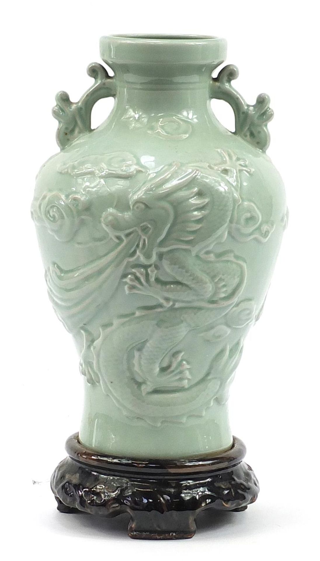 Large Chinese porcelain vase on stand with twin handles having a celadon glaze, decorated in - Image 3 of 5