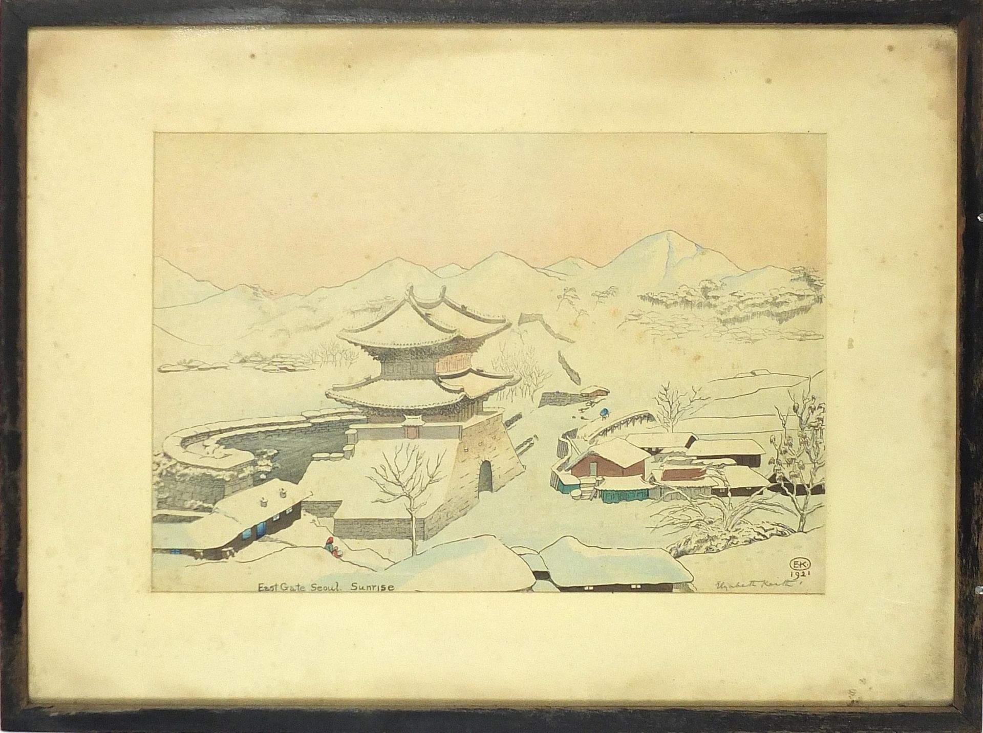 Elizabeth Keith - East Gate, Seoul sunrise, 1920s Scottish school Japanese style woodblock print - Image 2 of 5