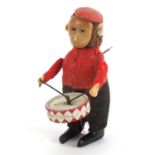 Schuco, vintage German tinplate clockwork monkey drummer with key, 11cm high
