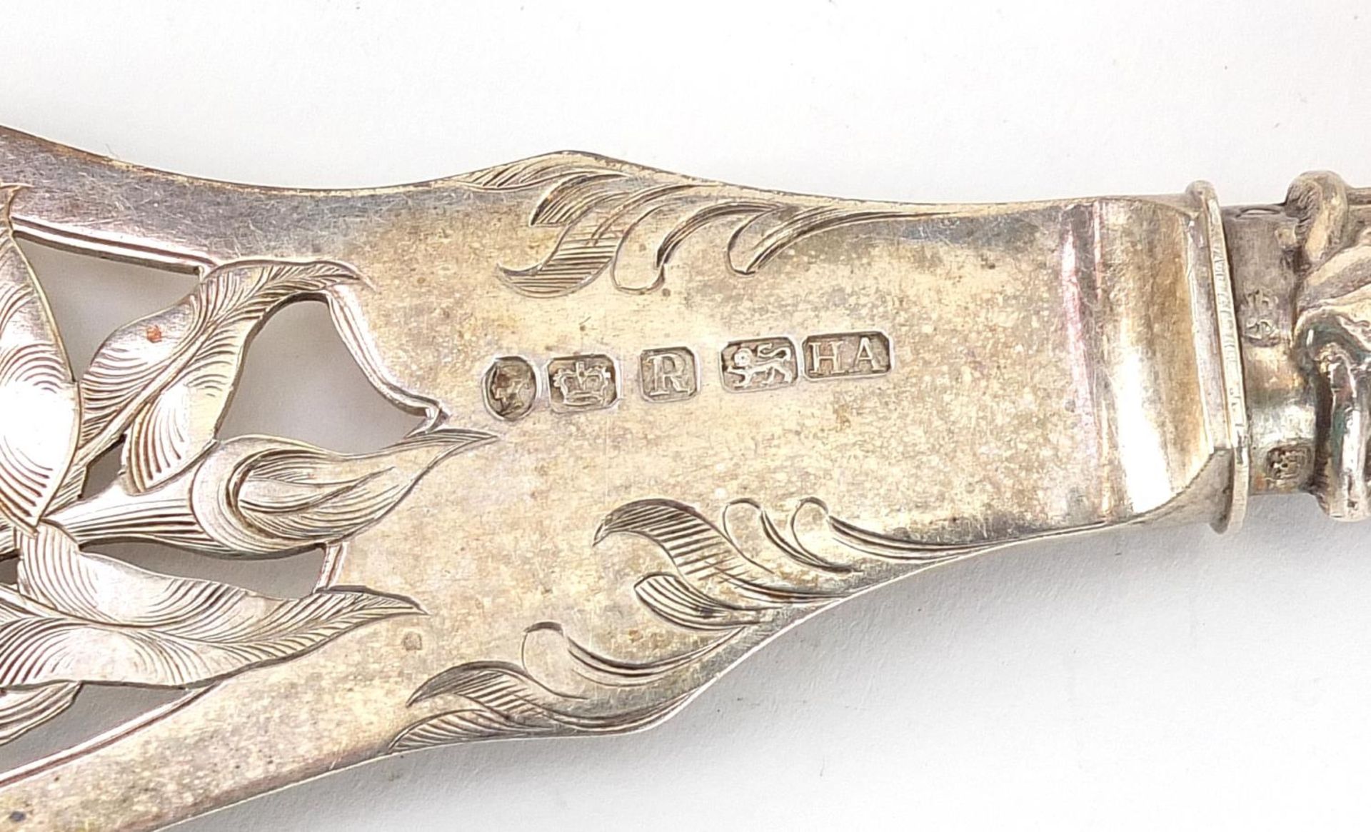 Henry Atkin Brothers, pair of Victorian silver fish servers, the knife engraved with a fisherman, - Image 4 of 4