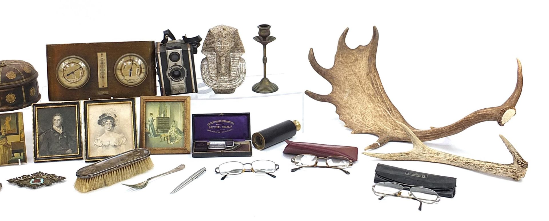 Sundry items including taxidermy interest horns, brass three draw telescope, Sheraton Revival box - Image 3 of 3