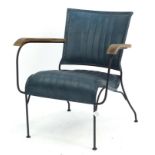 Industrial style wrought iron and green leather open armchair, 74cm high