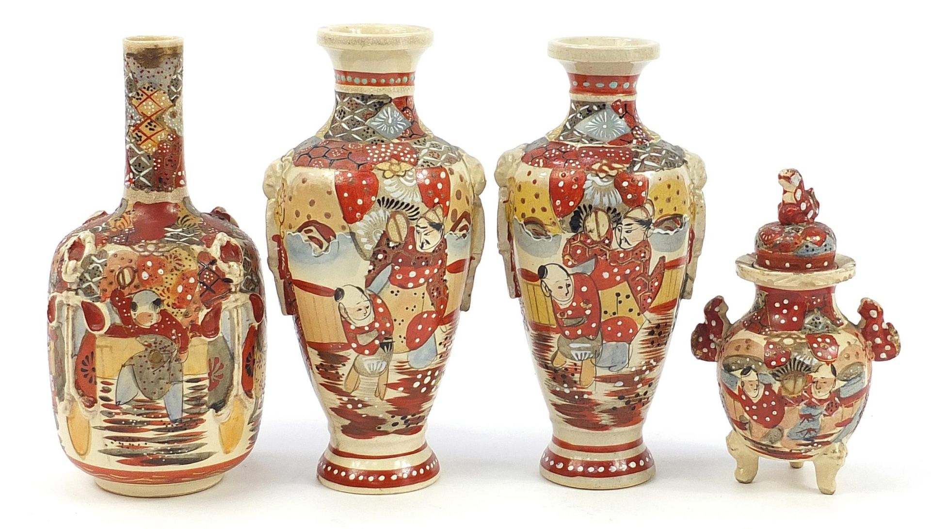 Japanese Satsuma pottery including a pair of vases and koro with cover, the largest 24.5cm high