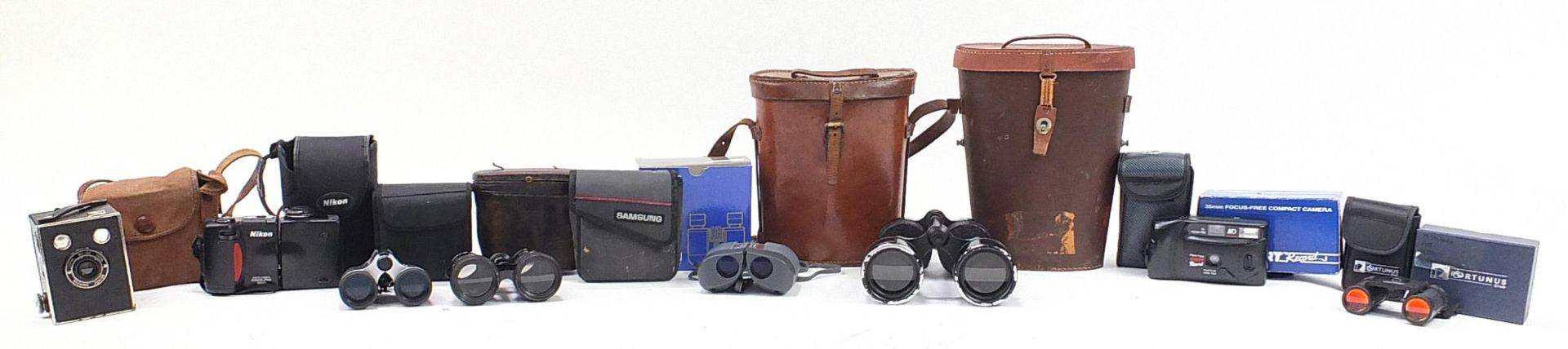 Cameras, binoculars and accessories including World War II Binoprism No 5 with leather case and