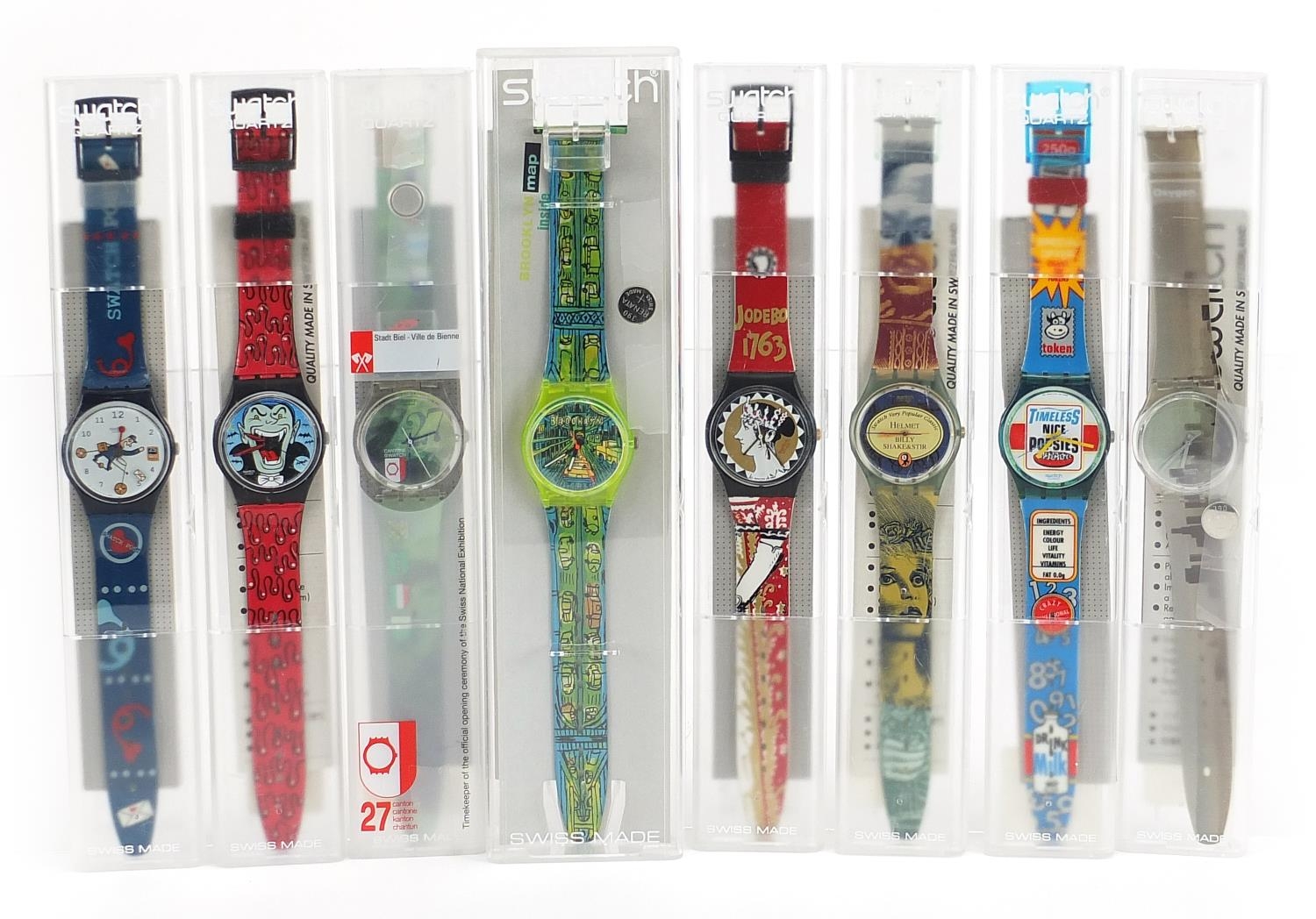 Swatch, eight Swatch wristwatches with cases including Billy Shake and Stir, Nice Popsies and Jodebo