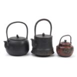 *WITHDRAWN*Two Japanese iron teapots and a lacquered example hand painted with flowers, the largest