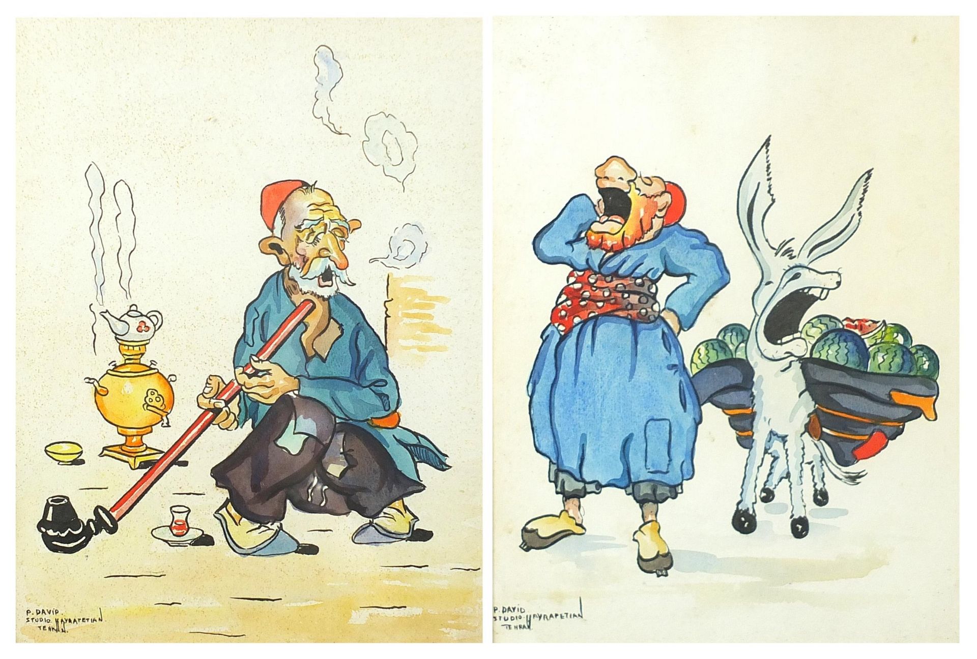 P David - Figure with a donkey and figure smoking, pair of Iranian watercolours each inscribed