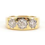 9ct gold diamond three stone Gypsy ring, total diamond weight approximately 1.03 carat, the centre
