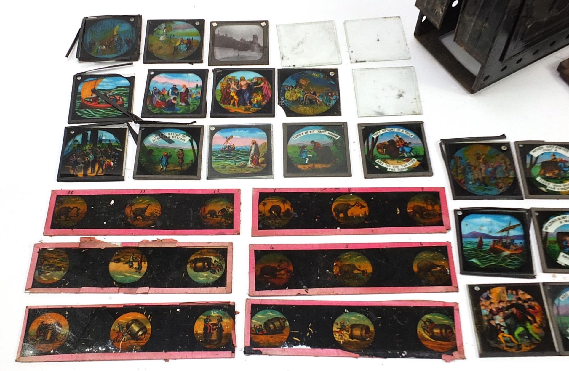 Vintage magic lantern slides with a collection of glass slides, some coloured, the lantern 40cm in - Image 2 of 5
