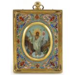 Antique Russian silver gilt Champleve enamel travelling icon with oval panel hand painted with The