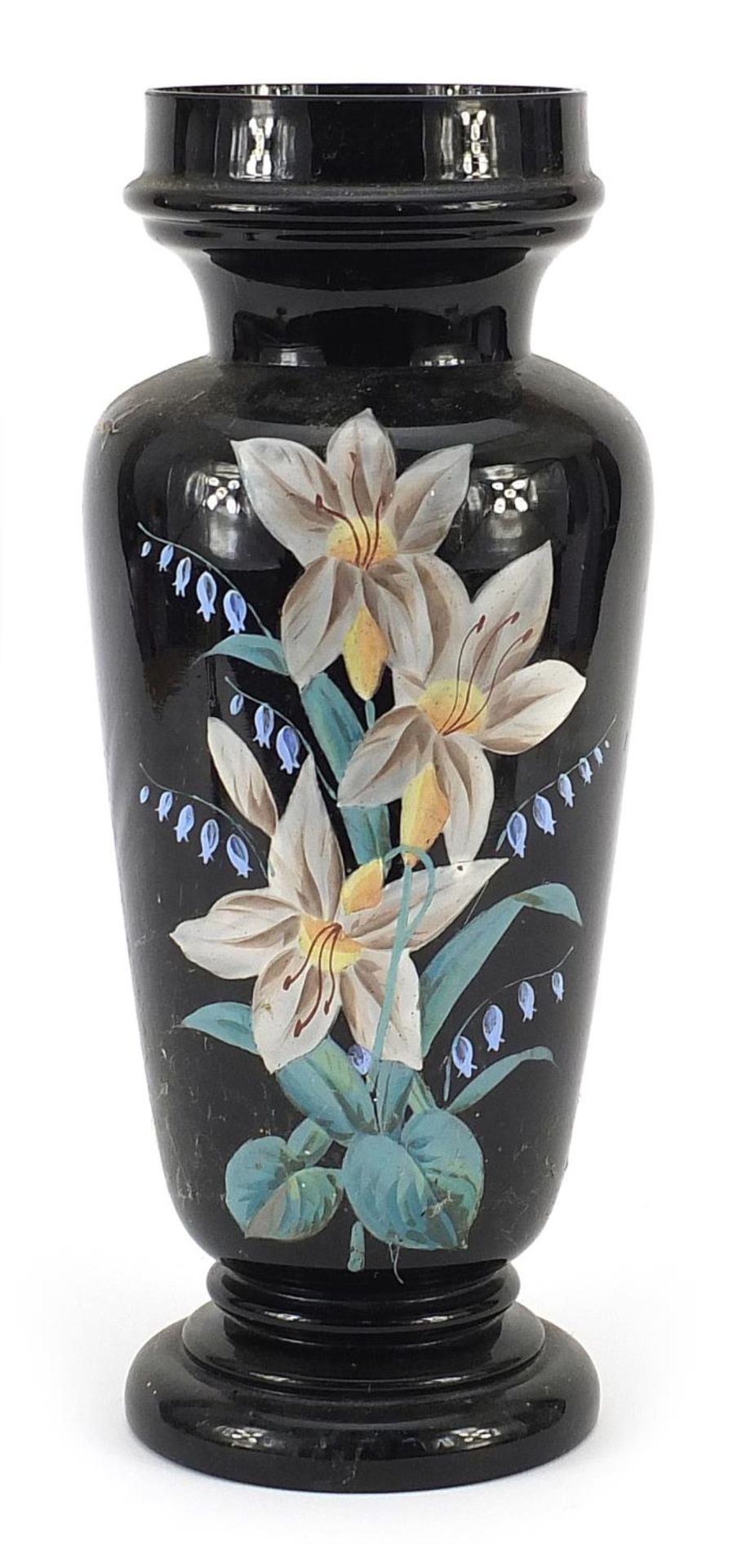 19th century black opaline glass vase hand painted with flowers, 34cm high