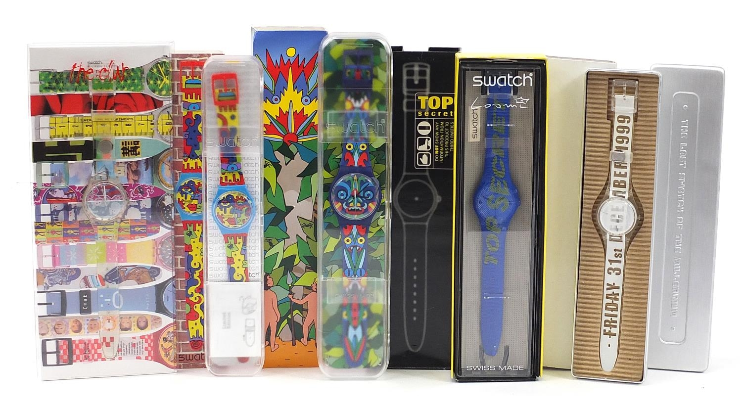 Swatch, five Collector's Club Swatch wristwatches with boxes including The Last Swatch Watch of