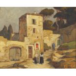 Georges Vidal - Figures before a continental villa, oil on canvas, indistinctly inscribed verso,