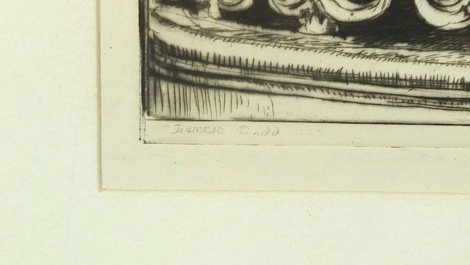 Francis H Dodd - Female at a banister with cat, pencil signed etching, J Laurence & Co, Liverpool - Image 3 of 6