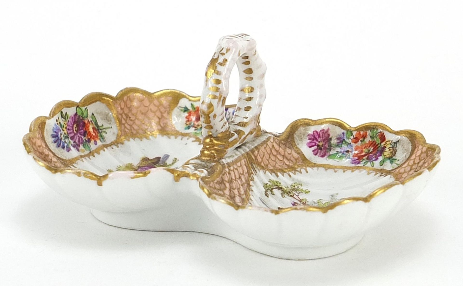 Meissen, German porcelain double shell salt hand painted with lovers and flowers, 10.5cm in length
